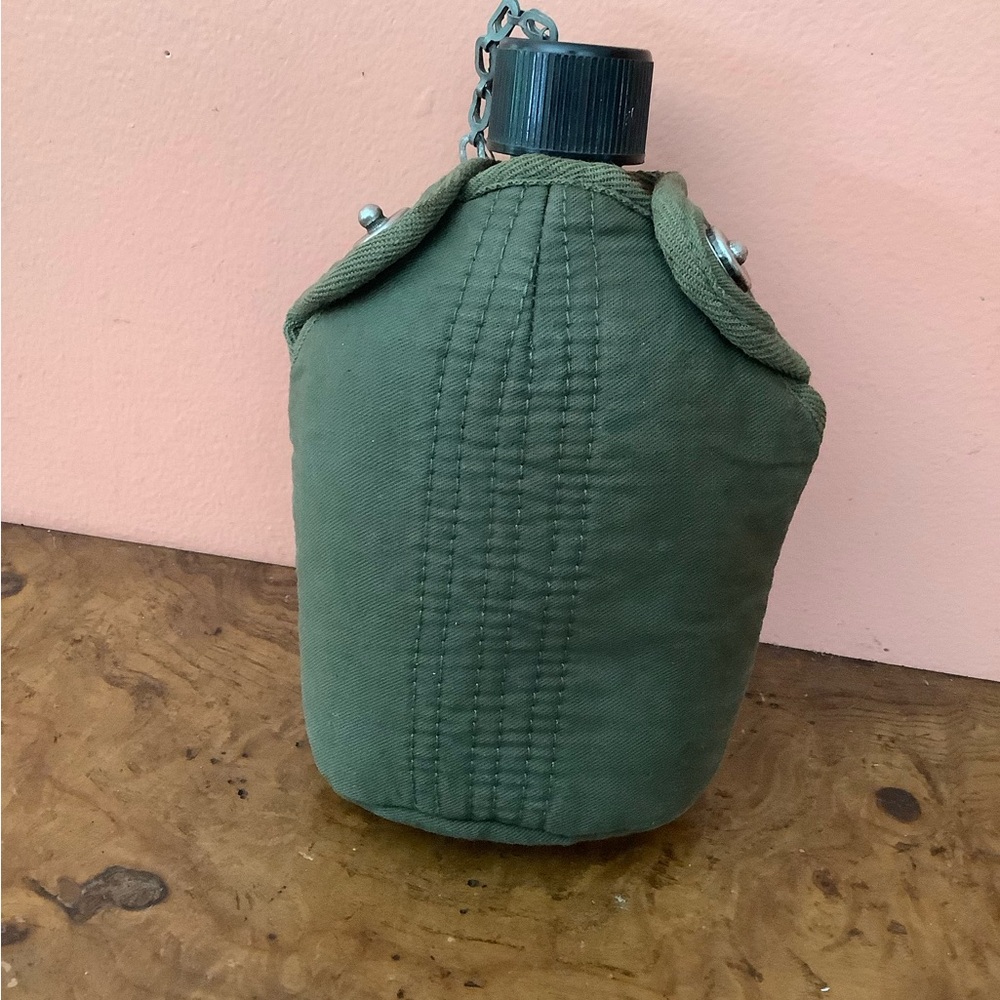 Vintage  Aluminum Water Canteen With Canvas Pouch Military Green